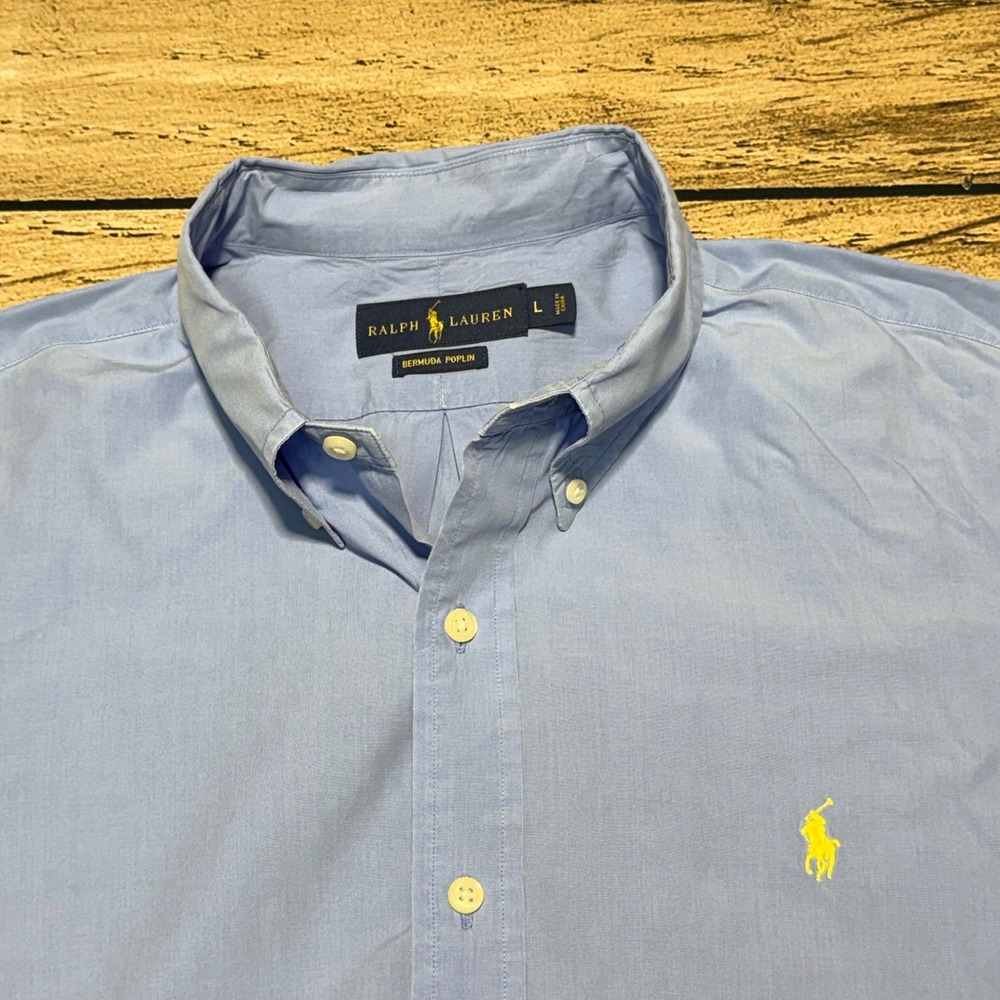 Ralph Lauren Button Down Shirt Mens L Blue Bermuda Poplin Cotton Silk Logo